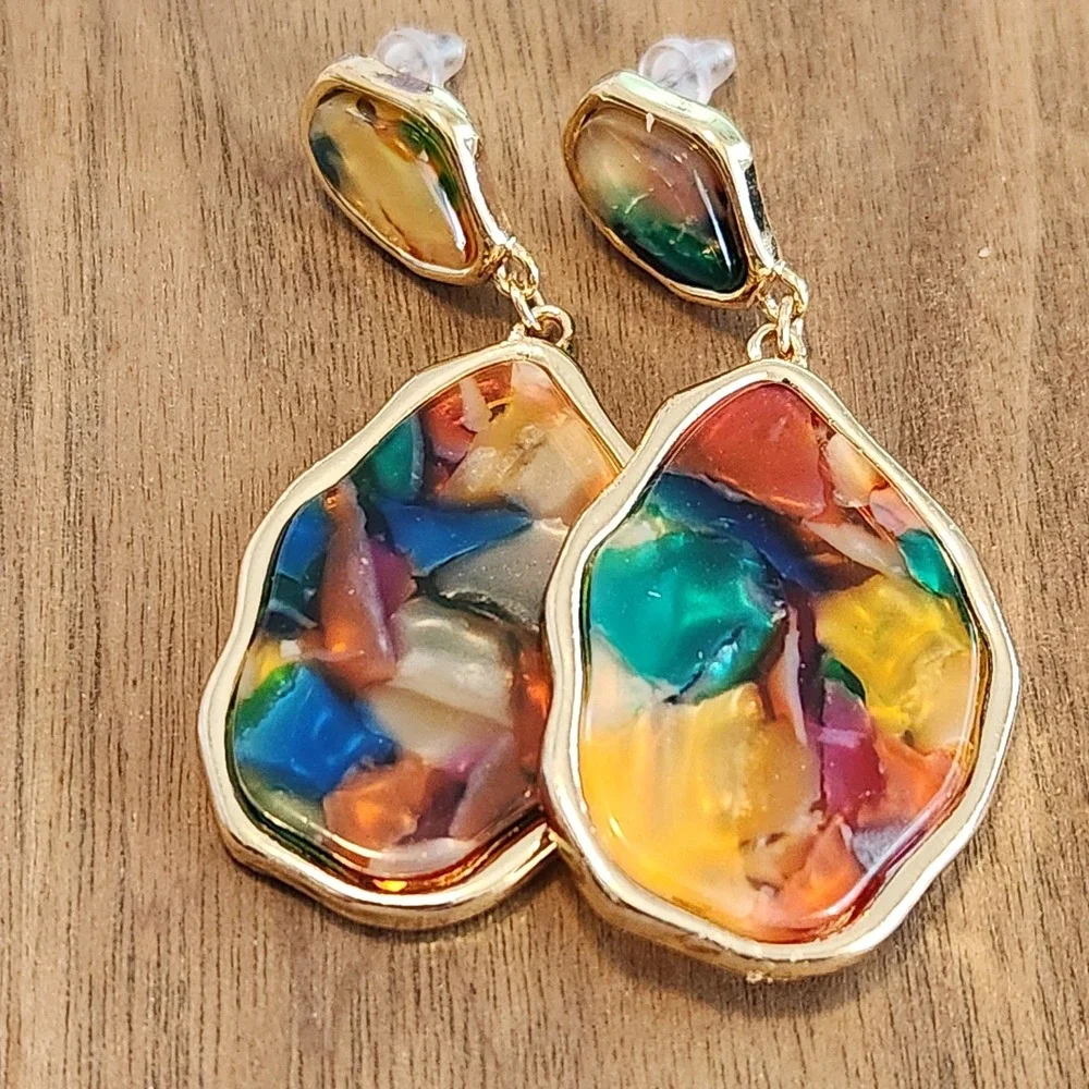 Multicolor Resin Mosaic Gold Tone Organic Shape Drop Dangle Earrings Statement